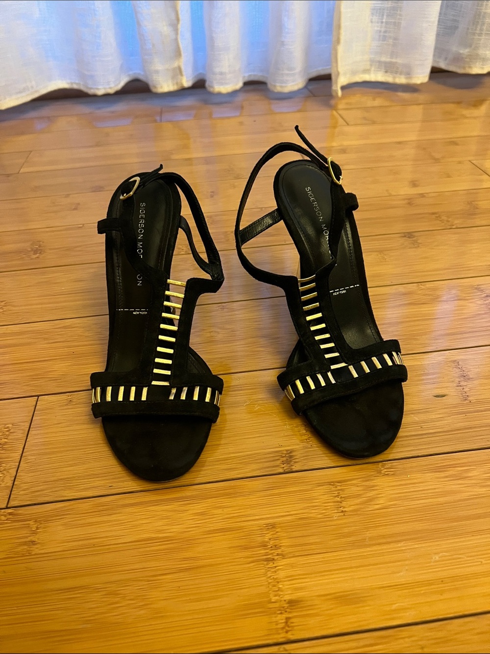 Sigerson Morrison Black Suede T-Strap Heels with Gold Bars